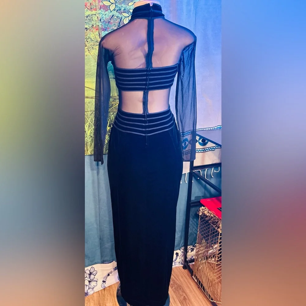 SALENOW•Cache Black Sheer-Panel Long Sleeve Cutout Velvet & Chiffon Gown - Picture 4 of 10